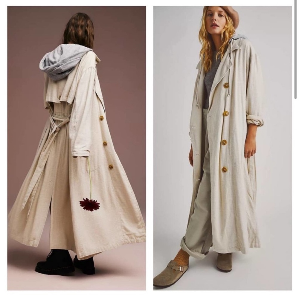 Free People Charlie Trench Coat hooded ivory Linen Oversized Sz XL